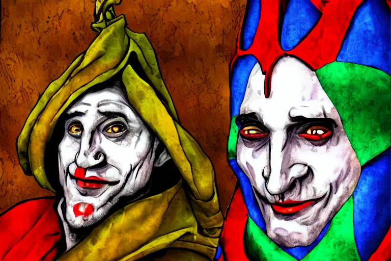 Image similar to medieval jester, colorful, sinister, digital art, painting, portrait,