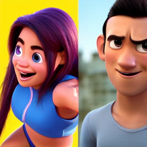 Image similar to young beautiful athletic Filipino woman with long hair and a handsome caucasian athletic thin man with short buzzed hair, high widows peak, stubble on his face, both depicted as Pixar characters, high quality cg render