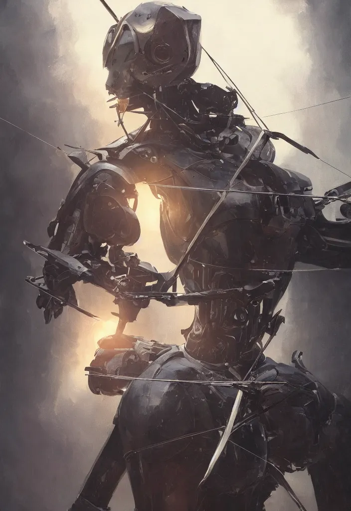 Prompt: a close up portrait of a robot holding a bow and arrow by greg rutkowski, sung choi, mitchell mohrhauser, maciej kuciara, johnson ting, maxim verehin, peter konig, 8 k photorealistic, cinematic lighting, hd, high details, dramatic, dark atmosphere, trending on artstation