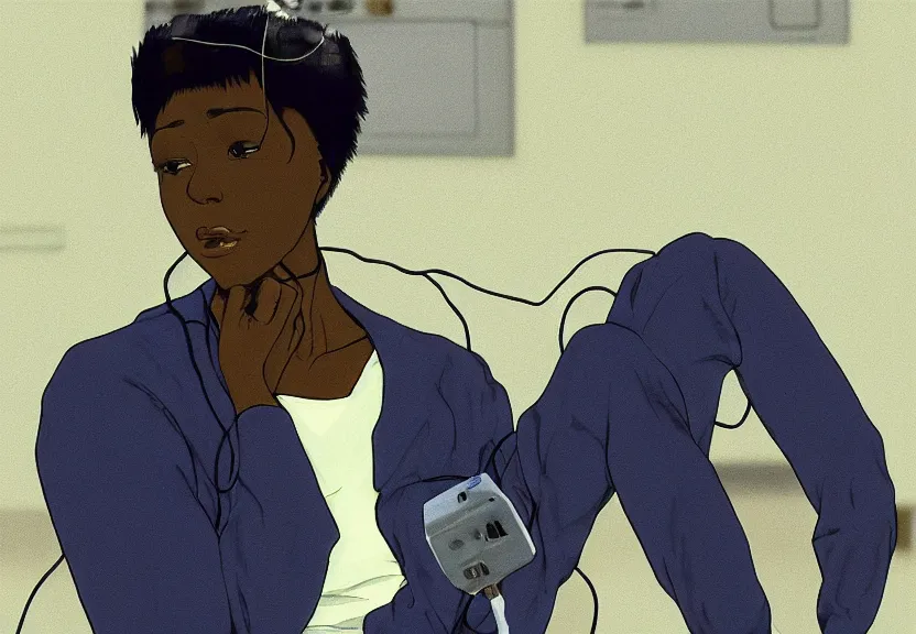 Image similar to dark skin woman wearing a white lab coat with a dark blue wolf haircut to shoulder, body connected to wires and connected to 1 9 8 0 s computers, painted by yoshitoshi abe and makoto shinkai, in the style of serial experiments lain, dynamic lighting, dark ambience, 3 5 mm, cell - shaded, detailed face