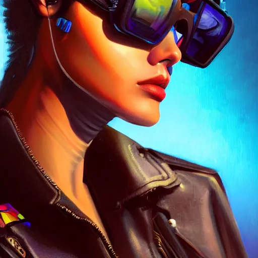 Image similar to closeup painting of a very beautiful young mexican cyberpunk woman with a smirk, wearing light blue shutter shades and a dark brown leather jacket, one side haircut, brown hair, portrait, hyperdetailed, artstation, cgsociety, 8 k, synthwave by tangerine dream