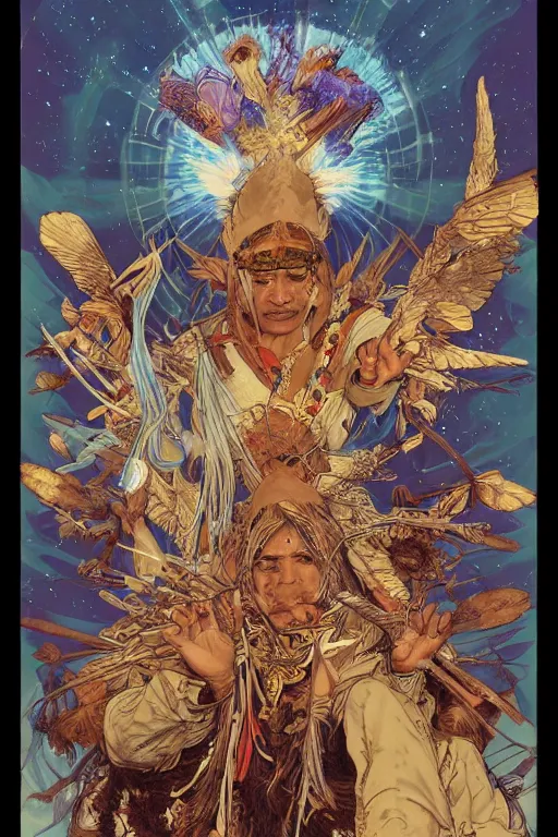 Prompt: serene scene of an apache medicine man telling stories around a fire, by artgerm and yoshitaka amano and moebius and alphonse mucha, hyperdetailed, dc comics, ornate, nebula, explosions in the sky, trending on artstation