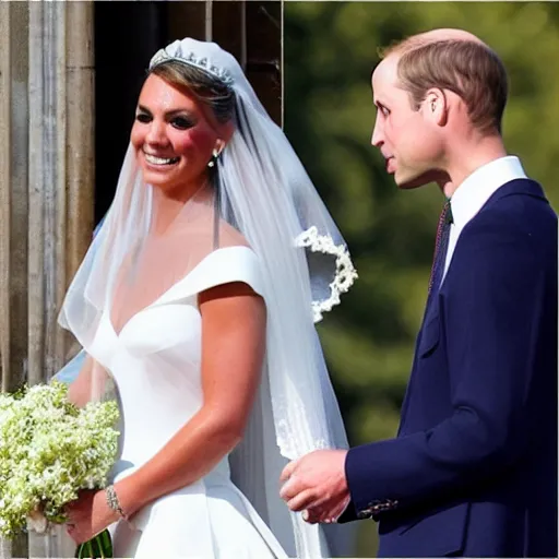 Image similar to detailed close up photos the duke of cambridge prince william marrying american popstar britney spears, happy couple, human, wedding photos on instagram, official photos, wedding photo