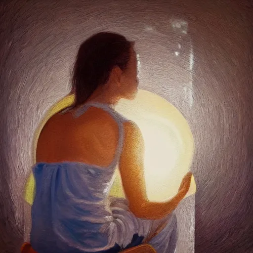 Prompt: a woman painting herself in a self portrait. detailed. artistic. sunset.