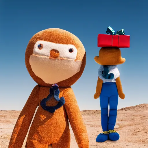 Image similar to blue'snappy gifts'human - sized plush doll, looking at the camera, in the desert, holding gift, happy atmosphere, high detail, 8 k