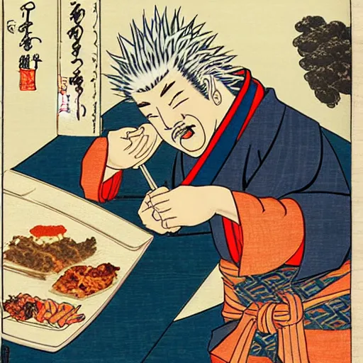 Prompt: Guy Fieri eats Japanese food by Katsushika Hokusai, art