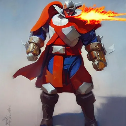 Image similar to greg manchess portrait painting of partially armored m bison from street fighter spitting fire as overwatch character, medium shot, asymmetrical, profile picture, organic painting, sunny day, matte painting, bold shapes, hard edges, street art, trending on artstation, by huang guangjian and gil elvgren and gerald brom
