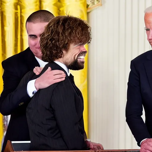 Prompt: “White House Press photo of Joe Biden awarding Peter Dinklage as Tyrion Lannister the presidential medal of freedom”