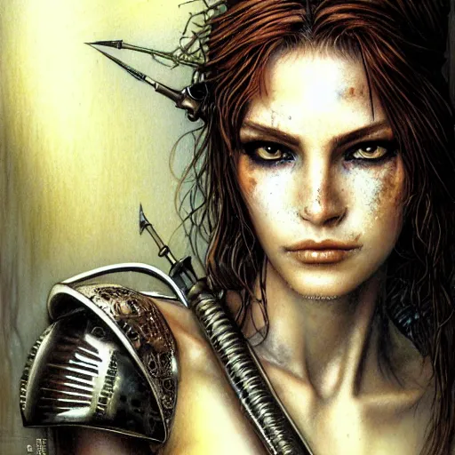 Image similar to an award finning closeup facial portrait by luis royo and john howe of a very beautiful and attractive female bohemian cyberpunk traveller aged 1 9 with green eyes and freckles in clothed in excessively fashionable cyberpunk gear and wearing ornate warpaint