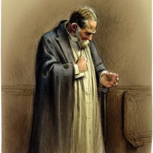 Prompt: (((((1950s chapel with a priest . muted colors.))))) by Jean-Baptiste Monge !!!!!!!!!!!!!!!!!!!!!!!!!!!