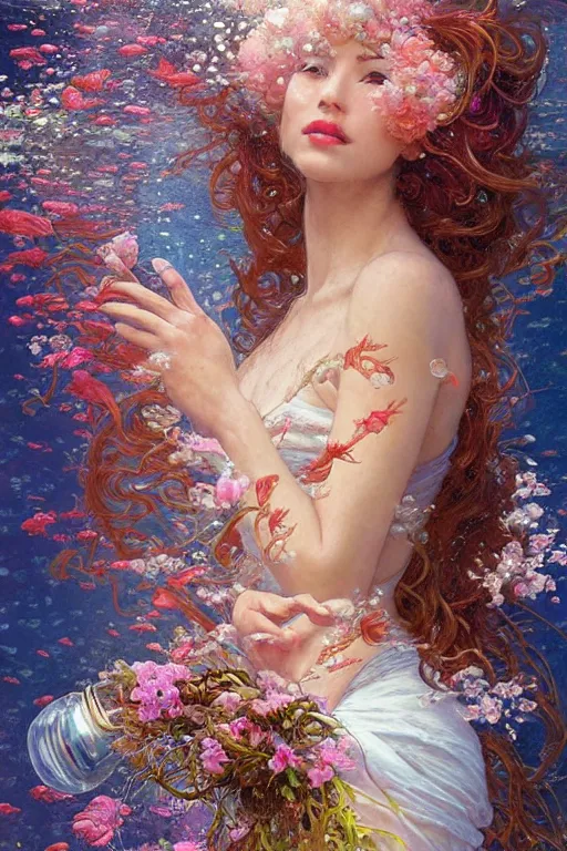 Image similar to portrait of a beautiful mysterious woman holding a bouquet of flowing flowers, hair flowing upwards, small bubbles from her mouth, hands hidden under the bouquet, submerged underwater filled with colorful small fish and coral reef, fantasy, regal, intricate, by stanley artgerm lau, greg rutkowski, thomas kindkade, alphonse mucha, loish, norman rockwell