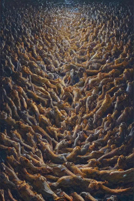 Prompt: palette knife oil painting of hundreds of rats forming the shape of a human. sewer, dark lighting. extreme detail. artstation trending, artgerm, deviant art, octane, substance, art history 8 k