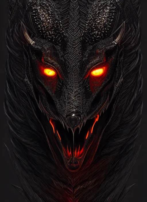 Image similar to symmetry!! portrait of a black dragon, dark scales, horns, horror, night time lighting, intricate, scary, fire background, highly detailed, digital painting, artstation, concept art, smooth, sharp focus, illustration, art by greg rutkowski