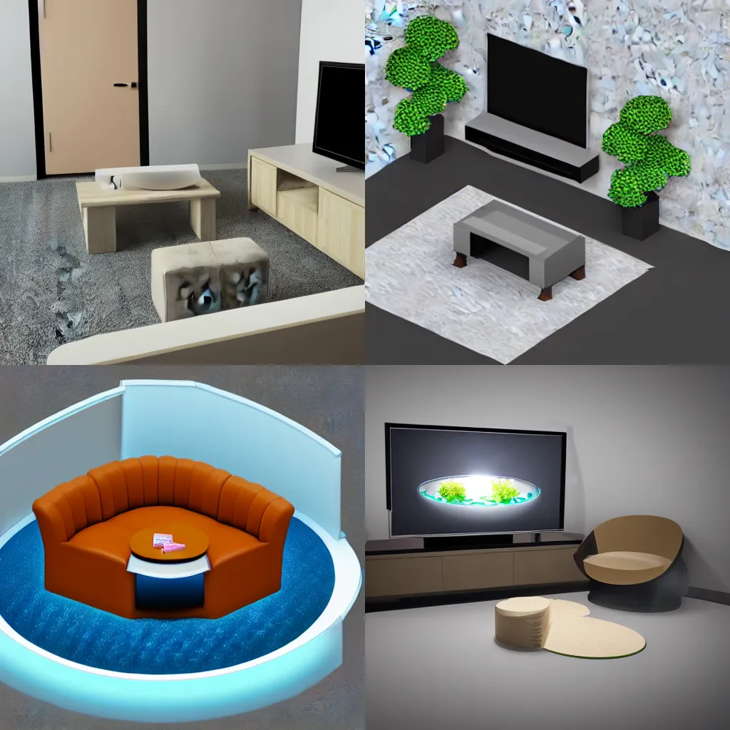 Prompt: 3d render of an isometric room containing a fishbowl on a table, a tv and a couch, 4k