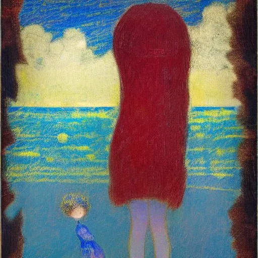 Image similar to glitch girl and very very tall monster wrapped in a blanket looks into the distance on the beach, in the rain, style by odilon redon, atmospheric