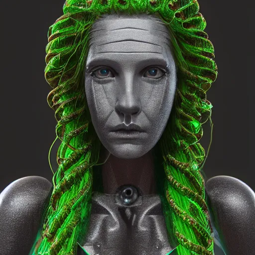 Image similar to portrait photo of a robotic gorgon medusa with borg implants, highly detailed, unreal 5 nanite, path tracing illumination, cinematic quality, 8k