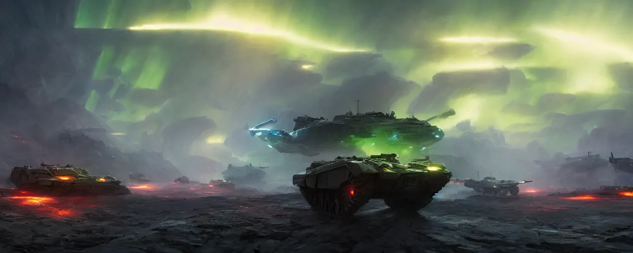 Prompt: tank the battlefield, epic scene, volumetric lighting futuristic, intricate, highly detailed, digital painting, artstation, concept art, cinematic, smooth, sharp focus, illustration, aurora borealis, unreal engine 5, 8 k, art by artgerm and greg rutkowski and alphonse mucha