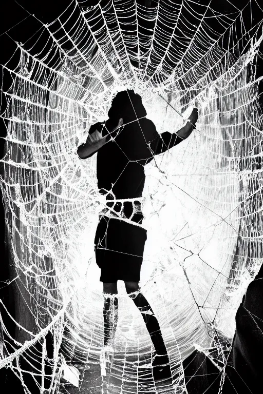 Image similar to cosmic horror photograph of a human caught in a giant spider web.