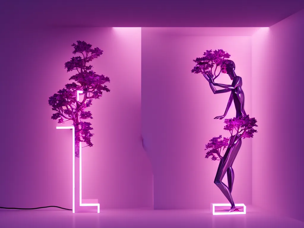 Image similar to beautiful mannequin sculpted out of amethyst by billelis + lit with geometric neon + iridescent geometric cubed bonsai plants!!!!, doorway opening with neon pink geometric light, clean linework, dramatic, finely detailed, rule of thirds, moody, award winning, 4 k, trending on artstation, photorealistic, volumetric lighting, octane render