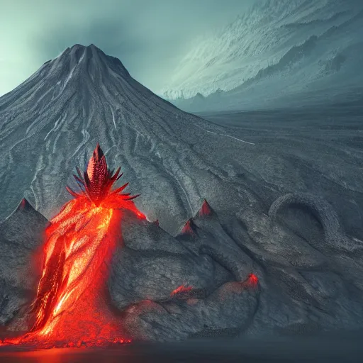 Image similar to magma dragon lord in front of a volcano, foggy, high contrast, deep shadows, 4k, 3d octane render