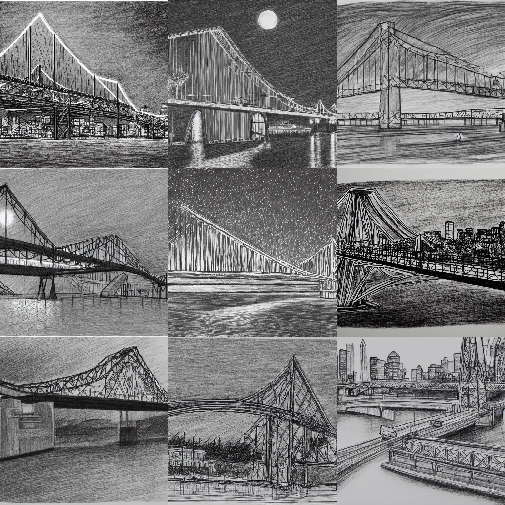 Prompt: a detailed drawing of a bridge in portland at night