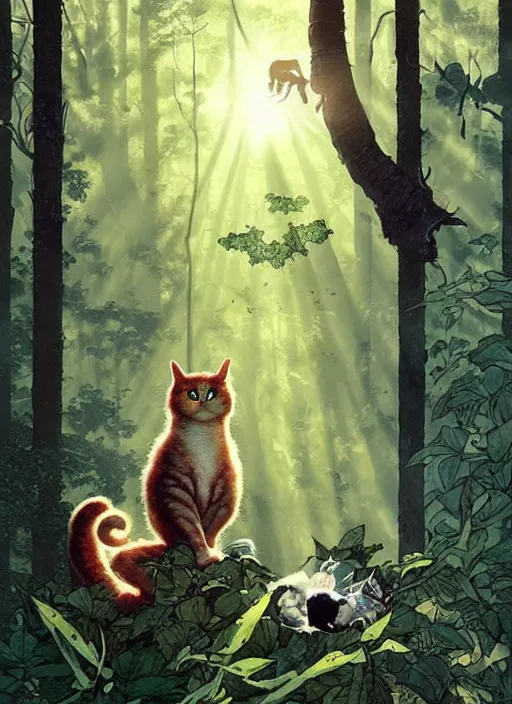 Image similar to a hyper realistic ink cat alien technology and sunbeams blue sky, lush forest foliage painting by chiara bautista and norman rockwell and greg rutkowski weta studio, and lucasfilm