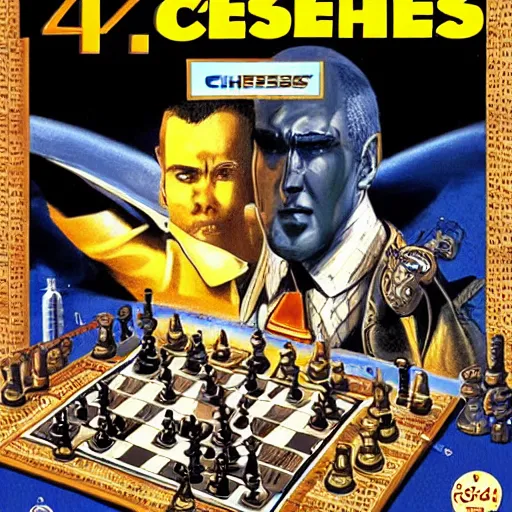 Image similar to video game box art of a commodore 6 4 game called chess ai vs man : kasparov's last stand, 4 k, highly detailed cover art.
