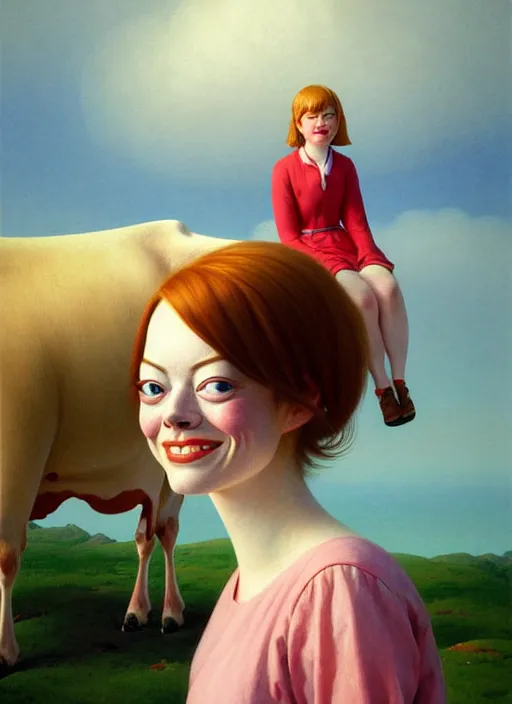 Image similar to hyper detailed 3 d render like a oil painting - cute portrait of emma stone with a smiling cow looking over her shoulder by ryden, kawase hasui, dorothea tanning, edward hopper and james gilleard, aivazovsky, beksinski, outram, artstation