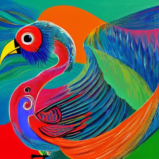 Prompt: A beautiful experimental art of a large, colorful bird with a long, sweeping tail. The bird is surrounded by swirling lines and geometric shapes in a variety of colors by Michal Lisowski, by Eric Carle robust, unnerving