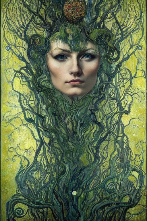 Image similar to Nature by Karol Bak, Jean Deville, Gustav Klimt, and Vincent Van Gogh, transformational chimera portrait, visionary, hair made of trees, verdant, life, botanicals, otherworldly, fractal structures, ornate gilded medieval icon, third eye, spirals