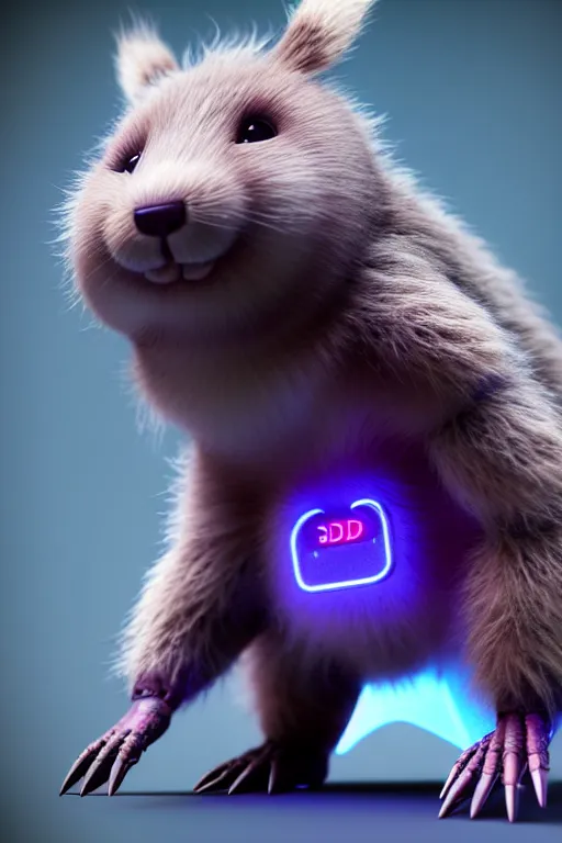 Image similar to hyperrealistic 3 d render post - cyberpunk very cute fluffy! wombat!! cyborg, mechanical paw, highly detailed, unreal engine cinematic smooth, in the style of detective pikachu, hannah yata charlie immer, neon purple light, low angle, uhd 8 k, sharp focus