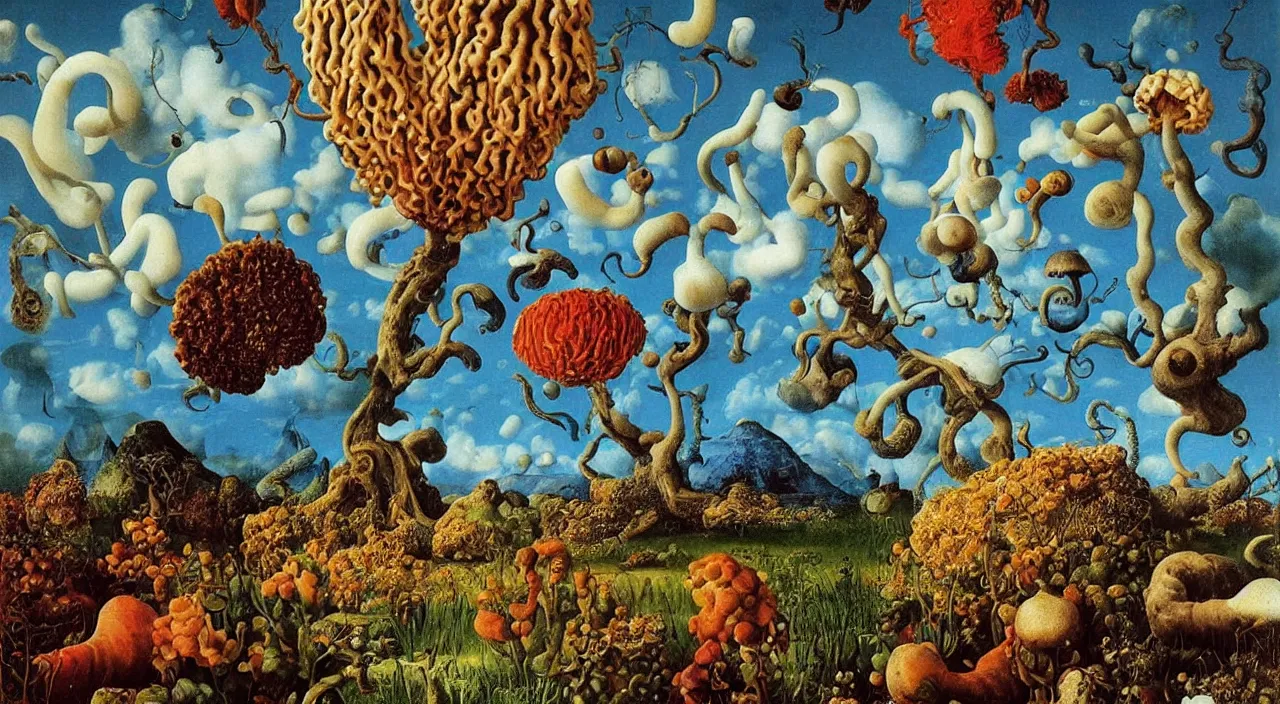 Image similar to a single colorful! lovecraftian fungus white! clear empty sky, a high contrast!! ultradetailed photorealistic painting by jan van eyck, audubon, rene magritte, agnes pelton, max ernst, walton ford, andreas achenbach, ernst haeckel, hard lighting, masterpiece