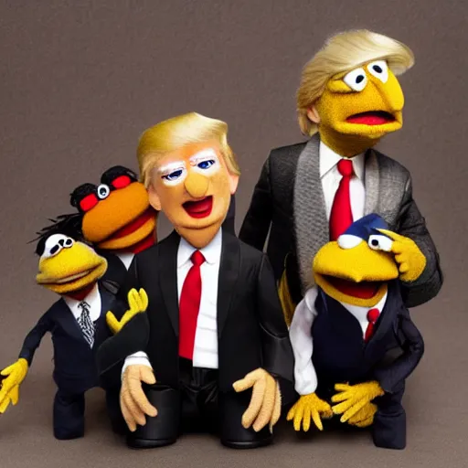 Image similar to Donald Trump realistic Muppet puppet, wide lens, diorama, 4k,