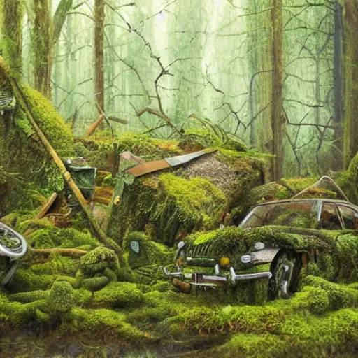 Image similar to a junk yard in the forest, overgrown with moss and ivy, detailed, realistic-C 30.0