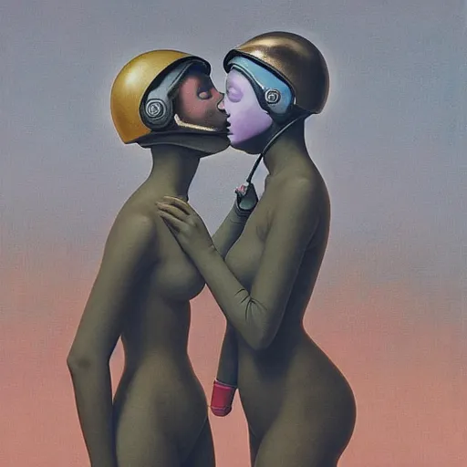 Image similar to portrait of an two girls kissing each other wearing astro helmet with tight black latex dress tight suit, Edward Hopper and James Gilleard, Zdzislaw Beksinski, Mark Ryden, Wolfgang Lettl highly detailed