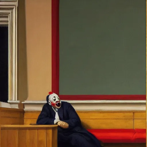 Prompt: a highly detailed fine art painting of british member of parliament in the house of commons wearing clown costumes. in the style of edward hopper, richard hamilton.