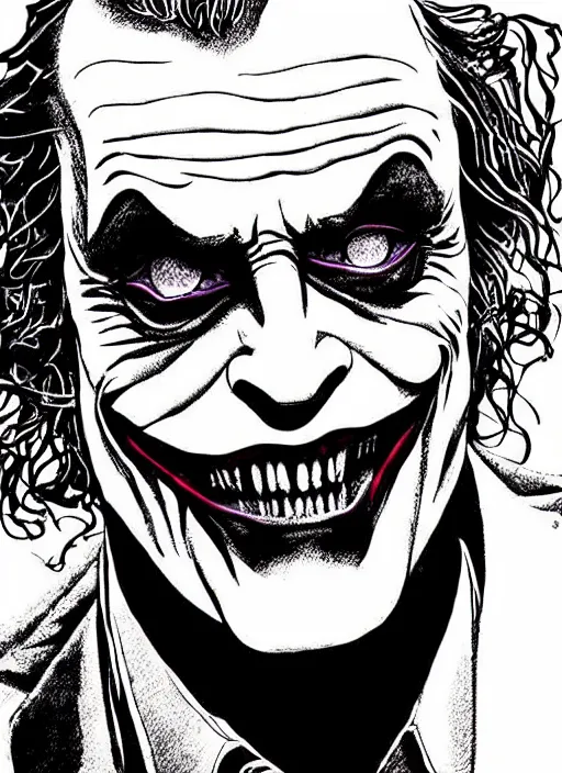 Prompt: christopher lloyd as the joker, by steampoweredmikej, by tim bradstreet, inktober, ink drawing, black and white, coloring pages, manga, highly detailed