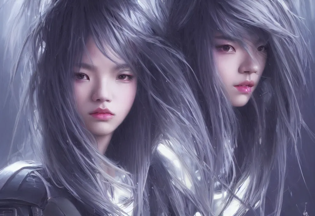 Prompt: portrait lisa blackpink + medium grey hair of futuristic police girl, black armored uniform, at futuristic cyberpunk color tokyo rainy night, ssci - fi and fantasy, intricate and very very very beautiful, highly detailed, digital painting, artstation, concept art, smooth and sharp focus, illustration, art by tian zi and wlop and alphonse mucha