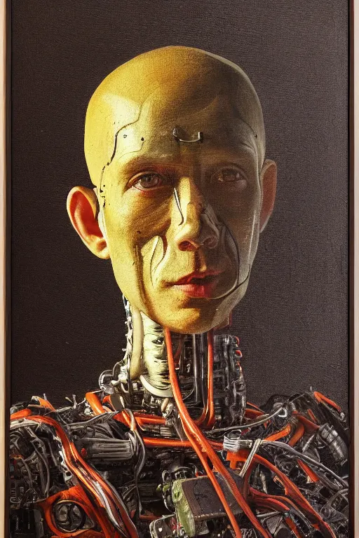 Image similar to robot monk painting a self - portrait on a canvas. intricate, highly detailed, photorealistic, film still, by gustav kilmt.