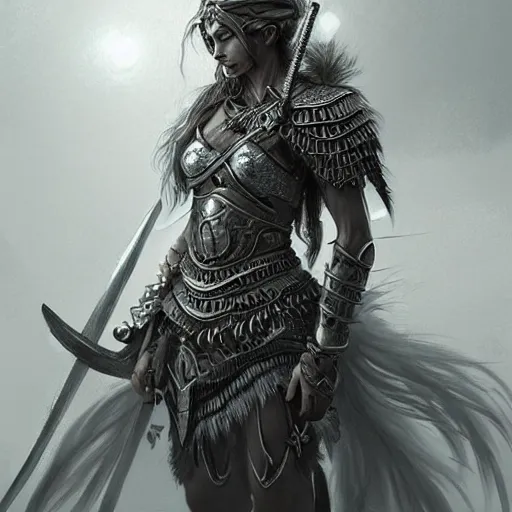 Image similar to beautiful extremely detailed intricate concept art depicting a warrior by wlop. shining jewelry. grey atmosphere. bcy. net