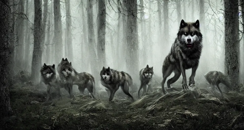 Image similar to an epic action photorealistic masterpiece of a rabid wolfpack, in a forest made of nightmares, horrific digital art, extremely moody lighting, style of chippy