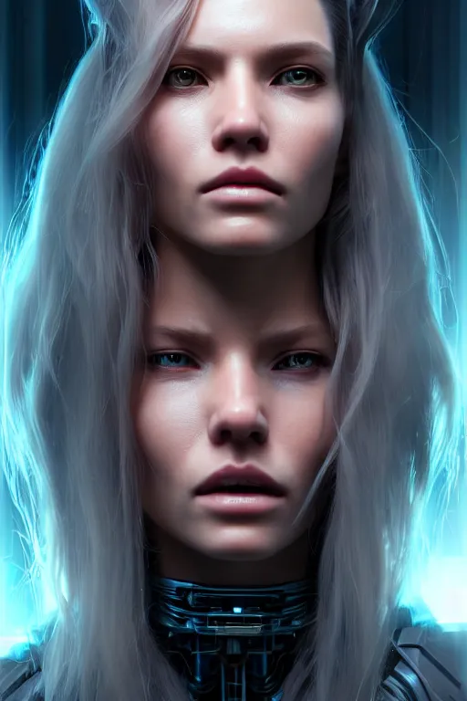 Image similar to a portrait of a beautiful 28th century super cool post-human female with long hair, barely human and largely biomechanical cyberpunk, hyper-realistic, very detailed unreal engine, by Artgerm, WLOP and Ross Thran, dramatic cinematic lighting rendered by octane, 8k, detailed, trending on artstation, deviantart google images, pinterest