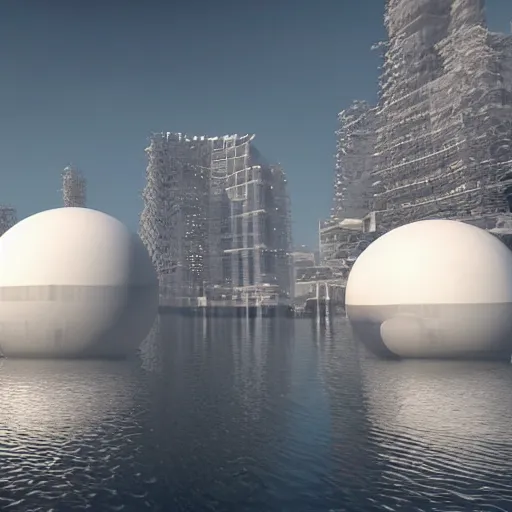 Prompt: a beautiful lot of white sphere shaped buildings are fused together, on the calm lake ， hyper detailed, 8 k, unreal engine, by kazuyo sejima and hiroshi sugimoto