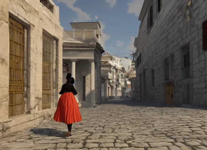 Prompt: a woman in a fed skirt walking the narrow streets of athens, painted by, mc escher, gordon onslow ford, georgia o'keeffe and ivan aivazovsky, cinematic light, god rays, colourful, unreal engine, zbrush central,