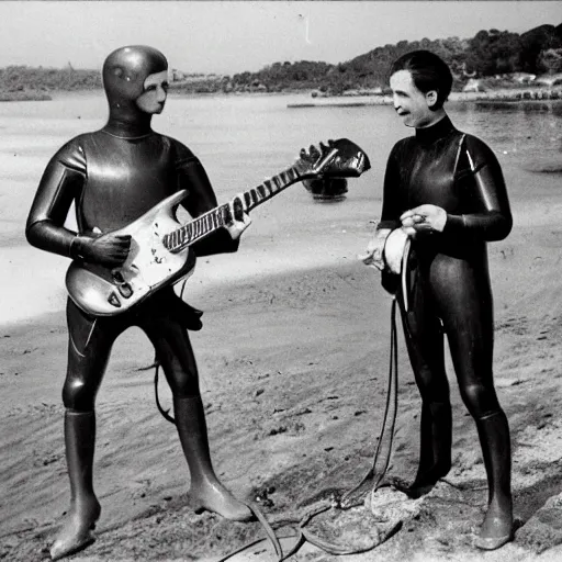 Prompt: early diving suit diver holding a stratocaster electric guitar. old diving suit pictures