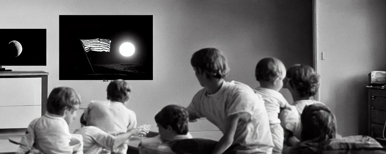 Image similar to a tv showing the moon landing while a family eats spaghetti, in the style of diane arbus, canon 5 0 mm, wes anderson film, kodachrome, retro