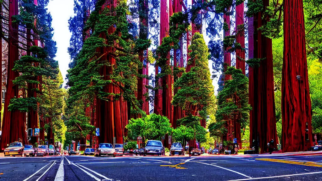 Image similar to Market Street San Francisco lined with Redwood Trees; City in Harmony with Nature; Location: San Francisco, California; retro-natural-futurism; Trees photographed by Neil Burnell