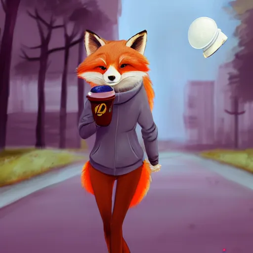 Image similar to furry art of female fox walking down the street holding an icecream cone, digital art, artstation, 4K, detailed, detailed fur, wearing grey hoodie, zootopia, detailed face, anthromorphic,