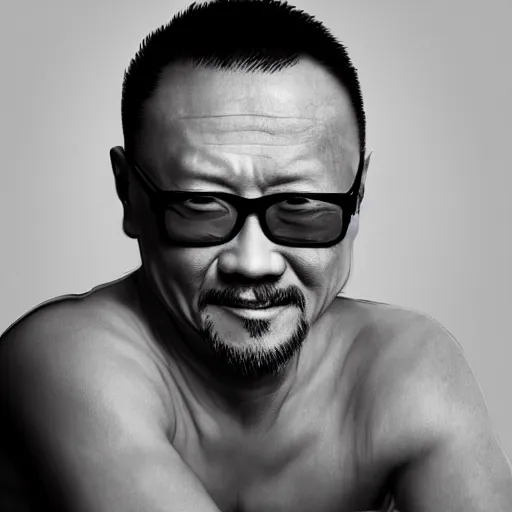 Prompt: a photorealistc digital art of jiang wen shows his muscle, full body, award winning photography, trending on artstation