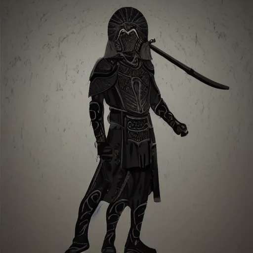 Prompt: an ancient warrior in black wearing a metal mask, digital art